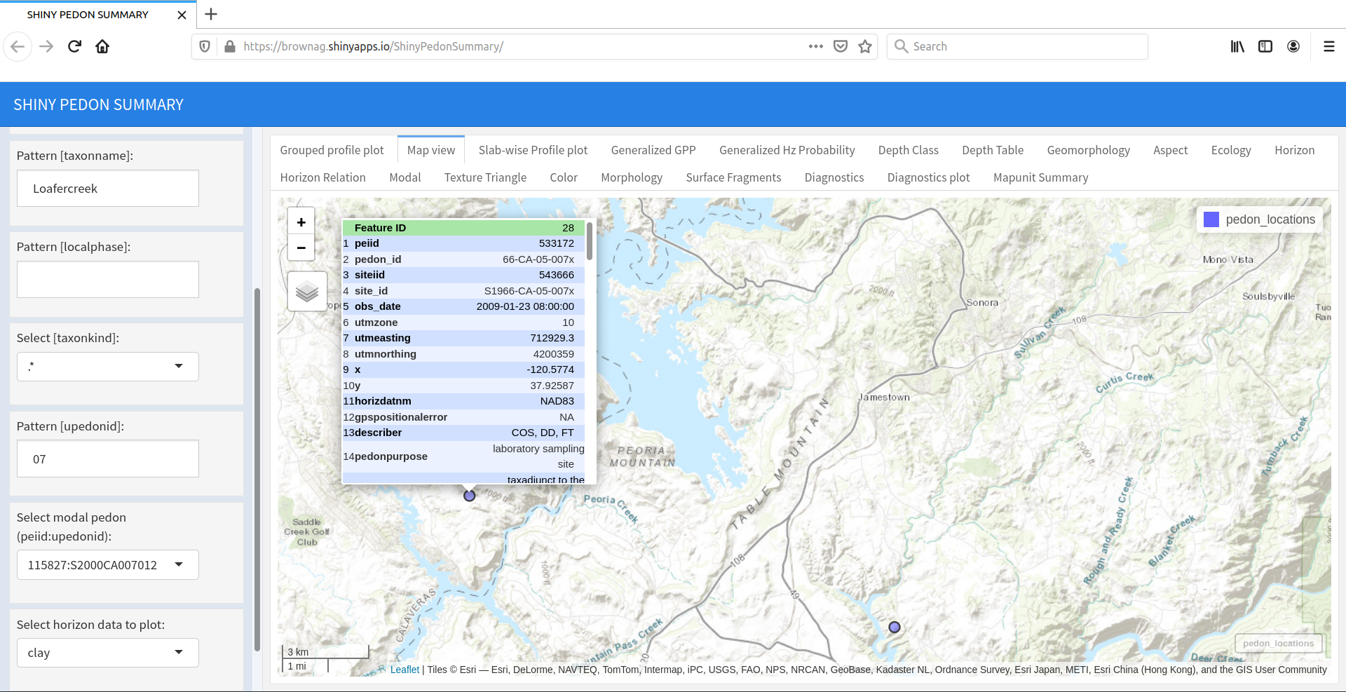 Extending the capabilities of the report with interactive widgets has only begun to be explored with the mapview package. Much useful information about profiles in a SoilProfileCollection can be determined by the filter-pan-click method